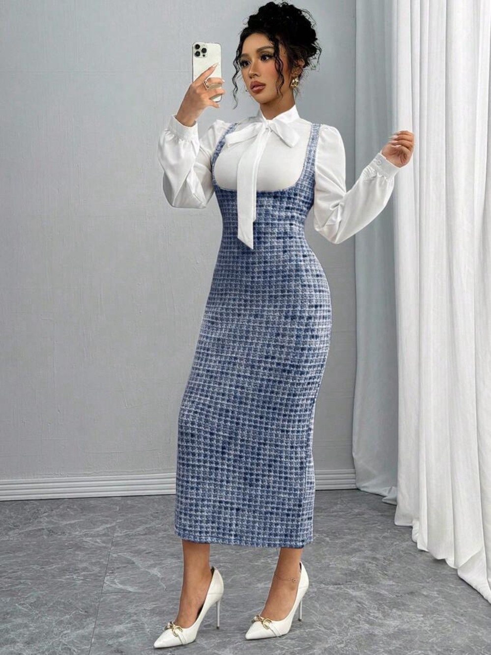 Cream Tie-Neck Blouse with Blue Patterned Midi Pinafore Dress (NEVER WORN)